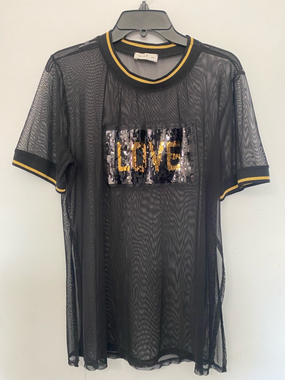 love J Woman’s Black Sheer Tee with Gold LOVE Sequins XL